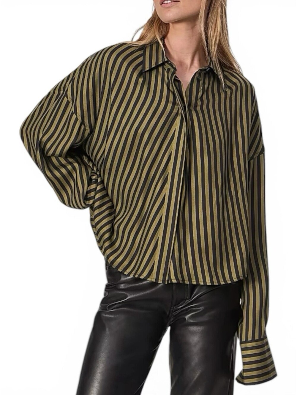 Rag & Bone Martha Silk Blend Army Stripe Button Up Shirt Small Oversized Blouse